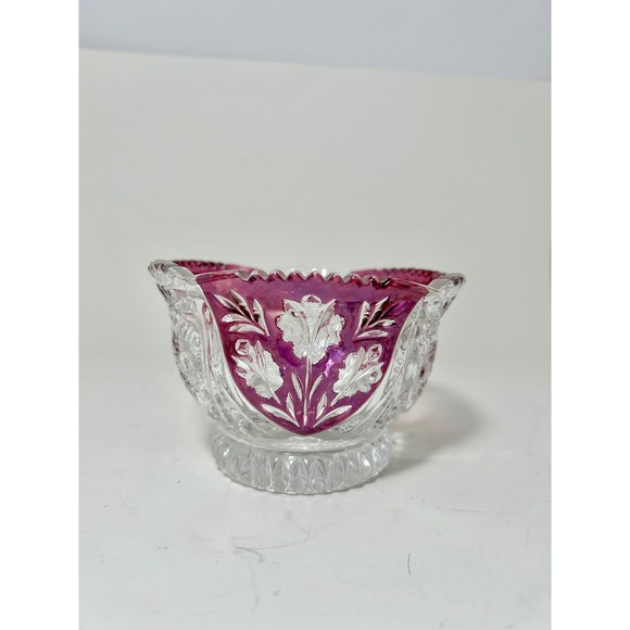 Other - Vintage Cranberry Flash Pressed Glass Bowl Intaglio Floral Scalloped SawtoothRim